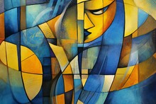 Abstract Painting Of A Woman's Face In The Style Of Stained Glass