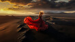 Sea coast with black sand, blonde attractive woman with flowing red dress