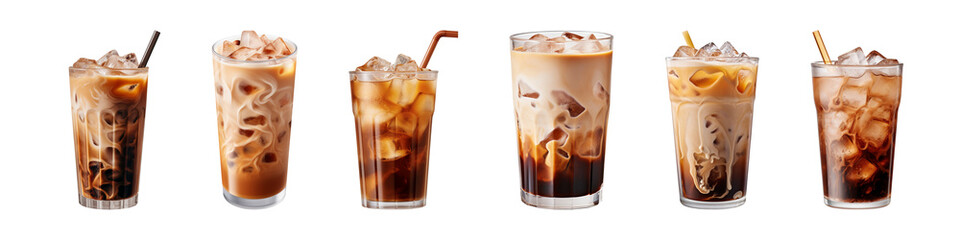 Wall Mural - collection of a glass of iced coffee isolated on a transparent background