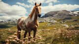 Ginger horse grazes peacefully on a lush spring. Generative AI.