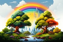Rainbow Over Trees, River And High Rocks In Cartoon Style. Fairytale Landscape