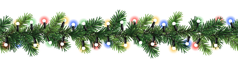 Wall Mural - seamless decorative christmas border with coniferous branches and garlands of christmas lights on tr