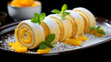 Fototapeta Big Ben - Delicious mango swiss roulade made of citrus fruit. Swiss roll with caster sugar and citrus fruit,generated with Ai