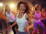 Beautiful women enjoying fun zumba class, expressing their active lifestyle with friends