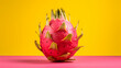 Dragon fruit - whole pitahaya on a yellow background,generated with Ai