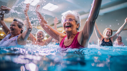 Wall Mural - realistic photo of senior women in a pool, exercising together during an aqua fit class. The photo should emphasize the main subject--the women--displaying their happiness and strong bonds