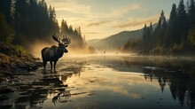 Moose On Water Near Forest At Misty Morning. Generative AI.