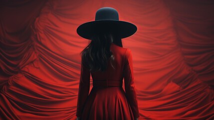 Wall Mural - Witch in a red dress, practicing magic and rituals, red background, place for copy space. Concept: Night of the Witch or All Hallows' Eve. Concept: mysticism, game characters, Halloween.