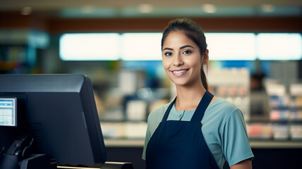 Wall Mural - Portrait of beautiful woman cashier smiling. Cash desk with cashier serves customer in modern supermarket.
