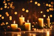 Burning candles over old wooden table with bokeh lights