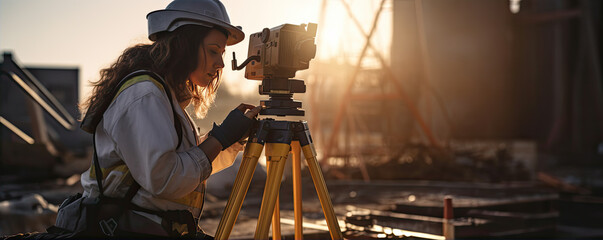 Surveyor site Engineer with helmet and theodolite equipment for construction buildings. copyspace for your text.