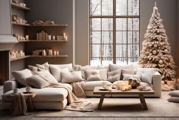 Wall Mural - Christmas modern living room interior with cozy sofa and beautiful Christmas tree in light colors