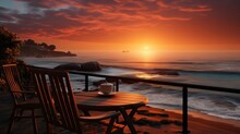 Sunrise At Beach With Coffee. Generative AI.