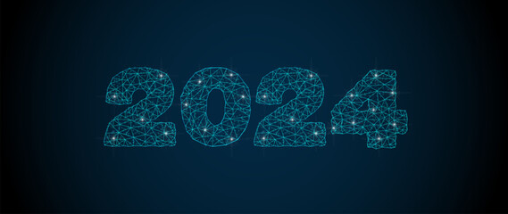 Wall Mural - Digital numbers 2024, Happy New Year digital banner background, Low poly style, Futuristic glowing polygonal style on blue