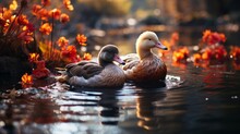 Two Ducks On Pond In Park In Autumn. Generative AI.