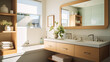 Mid-Century Modern home interior bathroom, Featuring clean lines, organic shapes, and functionality, this style blends retro and modern elements