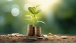 green plant growing from a stack of coins on a business table, representing the concept of sustainable financial growth, positive outcomes and good financial decisions 