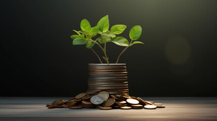 green plant growing from a stack of coins on a business table, representing the concept of sustainable financial growth, positive outcomes and good financial decisions 