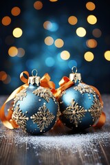 Sticker - Blue Christmas balls with decoration on shiny background.