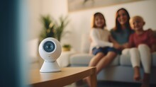 A Close-up Of A Modern Wi-Fi Security Camera Mounted On A White Wall Turns To A Family Sitting On A Sofa In The Blurred Background