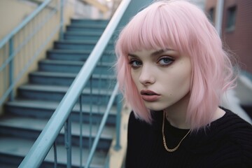 Modern pastel goth aesthetic, subculture street fashion, beautiful girl with pink hair and dramatic makeup