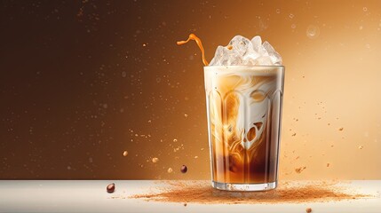 Aufkleber - Ice coffee latte with cream being poured into it showing the texture and refreshing look of the drink, with a clean background.