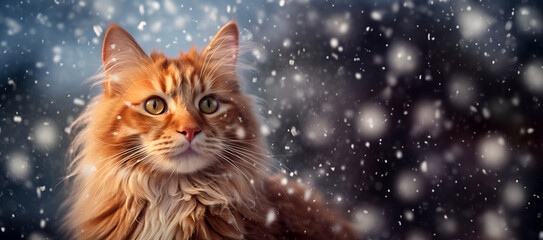  Generative AI. ginger cat watches snowflakes fall outside. Banner