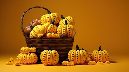 Sticker - Baskets in the form of pumpkins with sweets on yellow background.