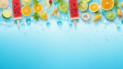 Canvas Print - Refreshing summer food side border. Selection of grilled fruits, ice cream and ice pops. Top view on a blue wood banner background.