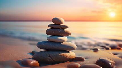 Wall Mural - Balanced pebble pyramid silhouette on the beach on sunset. Selective focus Abstract bokeh with Sea on the background. Zen stones on the sea beach, meditation, spa, harmony, calmness, balance concept.