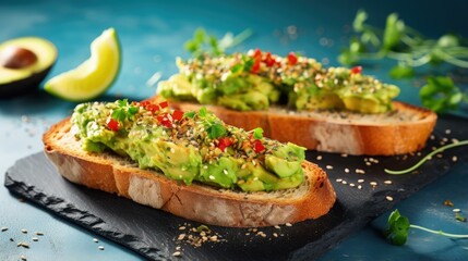 Sticker - Tuna Avocado Toasts, Healthy Snack or Breakfast on Bright Concrete Background