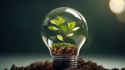 Poster - The tree growing on the soil in a light bulb. Creative ideas of nature protection or save energy and environment concept. Energy icons for growth