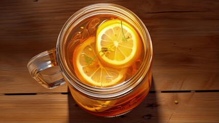 Poster - Iced lemon tea in a mason jar.Top view.