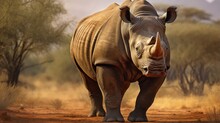 Portrait Of A Large African Rhino Standing In Front Of A Brown B