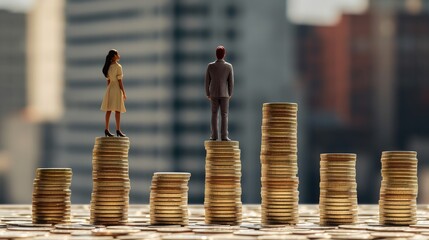 Gender pay gap, male and female signs near different stacks of coins, man get bigger salary, panorama, free space