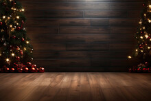 Christmas Wooden Wall Background, Dark Parquet Floor With Garlands