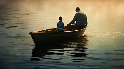 Wall Mural - Blur and Noise image of father and his son at wooden boat, silluet