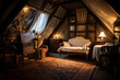 The design of the attic floor is reminiscent of Victorian elegance. Ornate wallpaper, antique furniture 