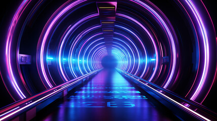 Glowing tunnel corridor system in futuristic neon colors with copy space. Modern architecture concept. AI generated.