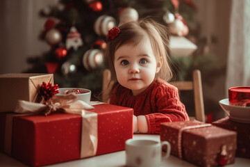 Wall Mural - Christmas baby with gift box. Generative Ai