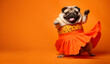 dancing fat pug dog standing upright on hind legs wearing dress, isolated on plain orange studio background with text spaace