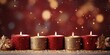 Background image, red christmas burning candles with golden ornaments, snowflakes, glitter on glittery backdrop, allow copy space.