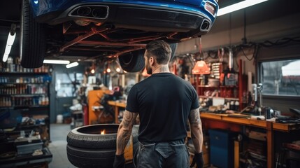 Aufkleber - Car repair service, Auto mechanic is repairing car it in auto repair shop.