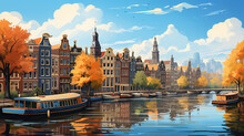 Scenic View Of Amsterdam In Colorful Comic Art Style Illustration.