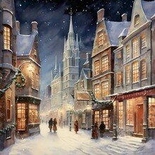 A Watercolor Masterpiece A 1940s Old Town At Christmas With Snow And Bright Lights