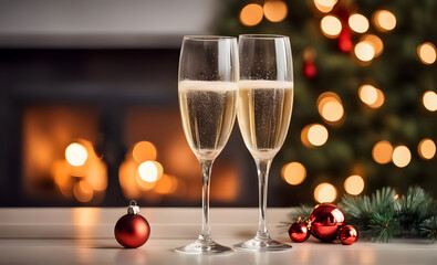 Wall Mural - Two champagne glasses in festive Christmas ambiance