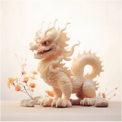 Canvas Print - A white dragon figurine with a flower in the background, AI