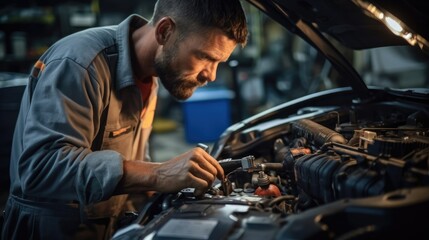 Poster - Auto mechanic is repairing car it in auto repair shop, Car repair service.