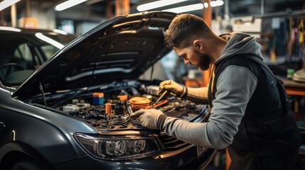 Aufkleber - Professional mechanic working on the engine of the car in auto repair shop, Car repair service.
