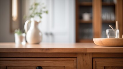 Canvas Print - A wooden table with a bowl and a spoon on it, AI